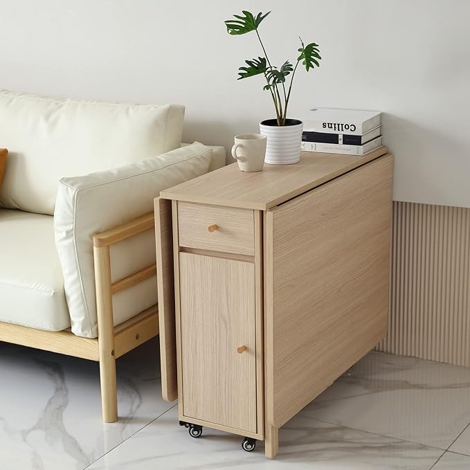 Extendable Drop Leaf Folding Dining Table with 2 Drawers and 4 Wheels for Living Room Kitchen Farmhouse Space Saving Table in Wood Color