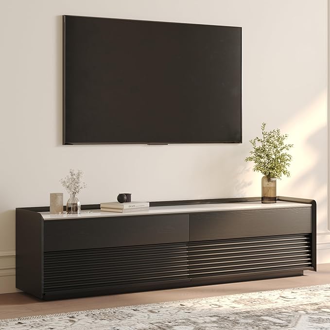 POVISON Fully-Assembled Mid Century Glossy Sintered Stone TV Stand, 70.87" Wood Media Console with Adjustable LED Light, Entertainment Center with Storage for Living Room