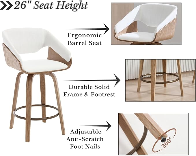 HNY 26 Inch Swivel Bar Stools with Back Set of 4, Beige Linen Upholstered Counter Height Barstools with Solid Bentwood Frame, Round Footrest, Modern Barrel Counter Stools for Kitchen Island, Home Bar