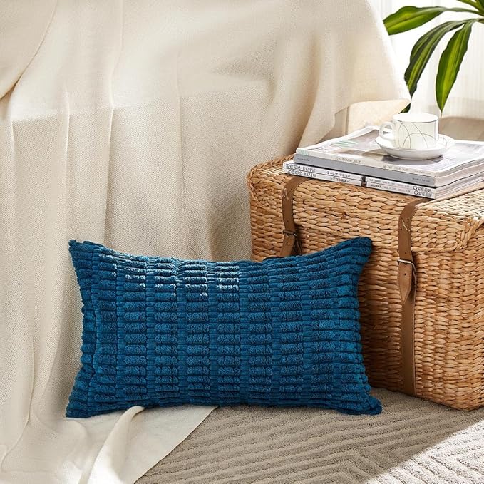 Fancy Homi 4 Packs Teal Lumbar Decorative Throw Pillow Covers 16x24 Inch for Living Room Couch Bed Sofa, Farmhouse Boho Home Decor, Soft Striped Corduroy Rectangle Cushion Case 40x60 cm