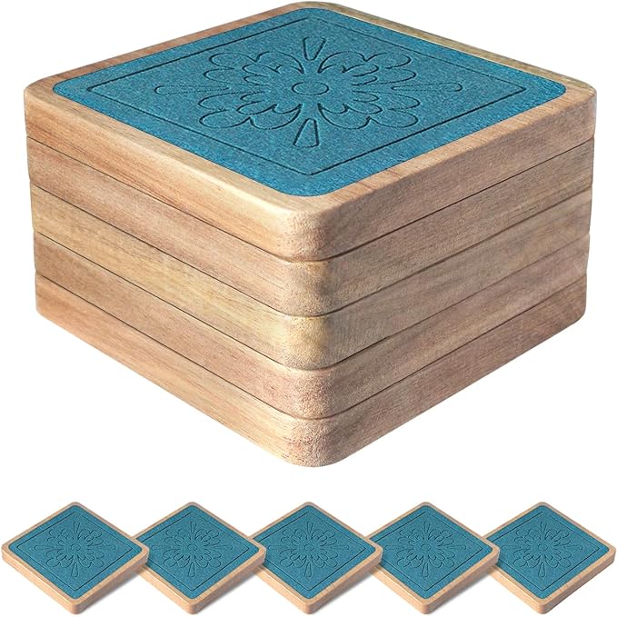 Square Coasters for Drinks, Absorbent Coaster Sets of 5, Wood Drinks Coaster for Coffee Tabletop Protection, Non-Slip, Non-Stick, Suitable for Kinds of Cups Wooden Table Drink 4.1 Inch Lake Blue