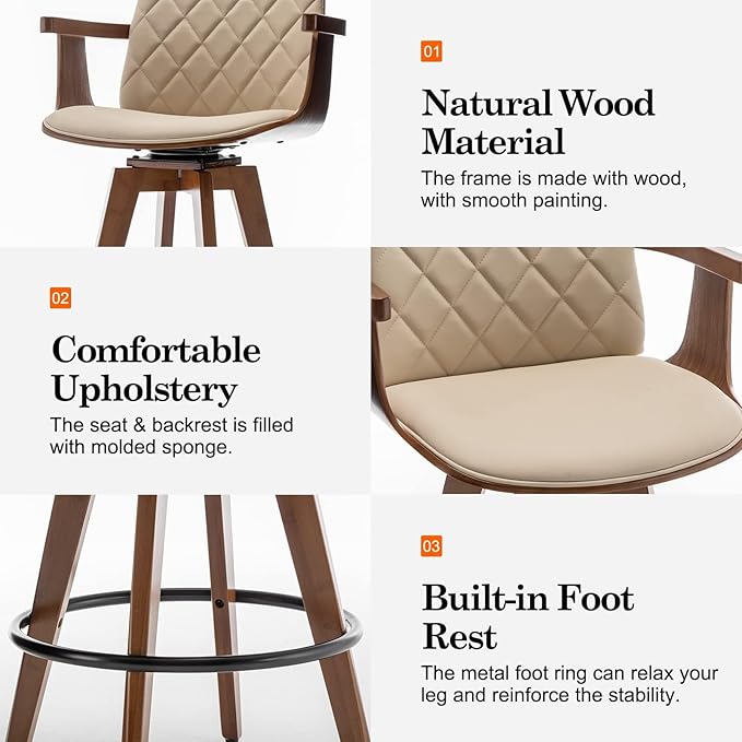 Counter Stools Set of 2, Upholstered Faux Leather Counter Height Bar Stools, Swivel Counter Chairs with Wooden Arms and Legs(Beige, 26" Seat Height)