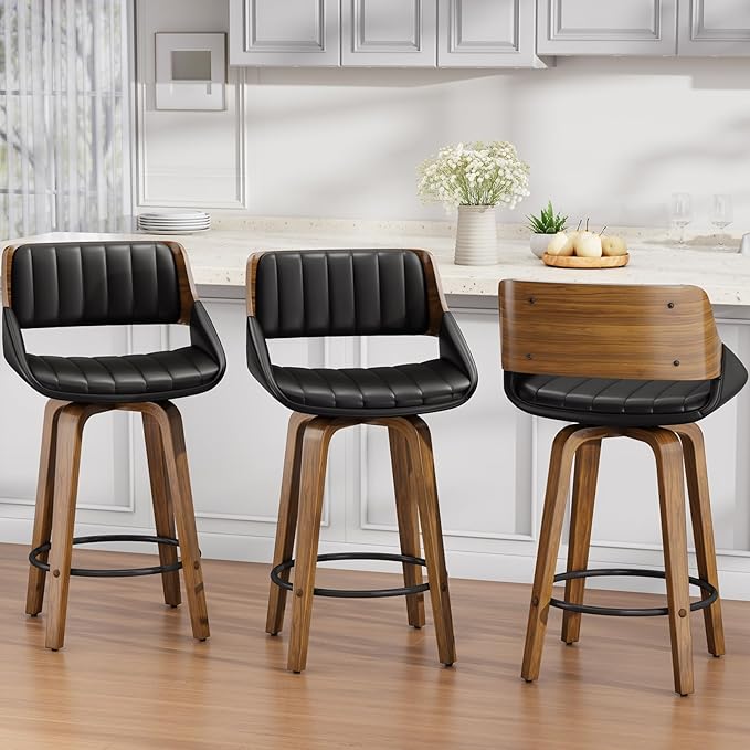 Bar Stools Set of 1, 26" Swivel Counter Height Barstools with Walnut Bentwood Back and Legs, Mid-Century Modern Faux Leather Upholstered Bar Chairs for Kitchen Island, Café, Dining Room, Black