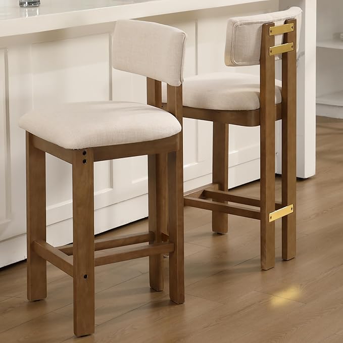 26” Counter Stools Set of 2 Counter Height Bar Stools with Back and Solid Wood Legs Modern Farmhouse Linen Upholstered Kitchen Bar Stools Countertop Chairs, Beige