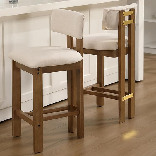 26” Counter Stools Set of 2 Counter Height Bar Stools with Back and Solid Wood Legs Modern Farmhouse Linen Upholstered Kitchen Bar Stools Countertop Chairs, Beige