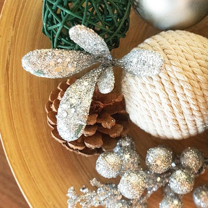 Qingbei Rina Bowl Fillers Silver,Decorative Balls for Centerpiece Vase Fillers,Assorted Wicker Rattan Balls,Winter Orbs Woven Spheres Table Dining Farmhouse Home Decor