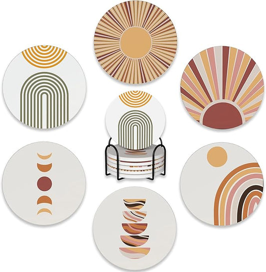 6 Pcs Coasters for Drinks with Holder,Minimalist Geometric Boho Absorbent Coaster with Cork Backing,Great Gift for Housewarming,Room Decor,Bar,Holiday Party