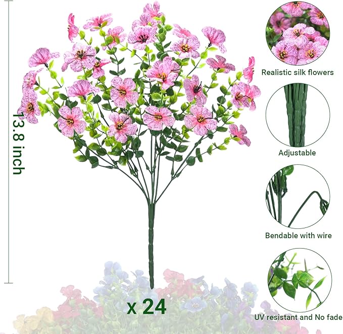 24 Bundles Artificial Flowers for Outdoors & Indoors – UV Resistant Faux Plastic Plants for Garden, Patio, Porch, Window Box, Home Decor – Lush & Vibrant Fake Flowers, Pink