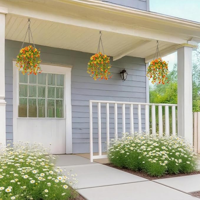 Artificial Flowers for Outdoors Decoration, 2 Pcs Outdoor Faux Plants Daisy with Eucalyptus Leaves Fall UV Resistant Fake Flowers Hanging Planters for Front Porch Patio Yard Door Garden Home Decor