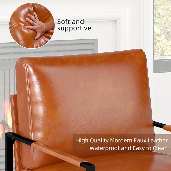 Phoenix Home Mid Century Modern Faux Leather Accent Chair Set of 2, Metal Framed Armchair with Extra Soft Removable Seat Cushion & Backrest for Living Room Bedroom Waiting Room, Easy to Clean, Brown
