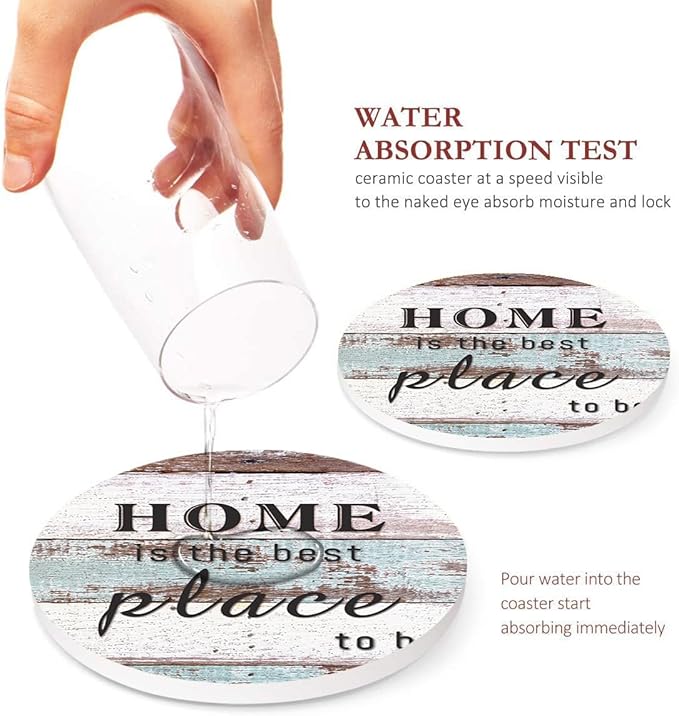 Britimes Coaster for Drinks Set of 6, Worn Wood Absorbent Round Ceramic Stone Mat, with Cork Base and Metal Holder, Gift for Housewarming Room Bar Decor