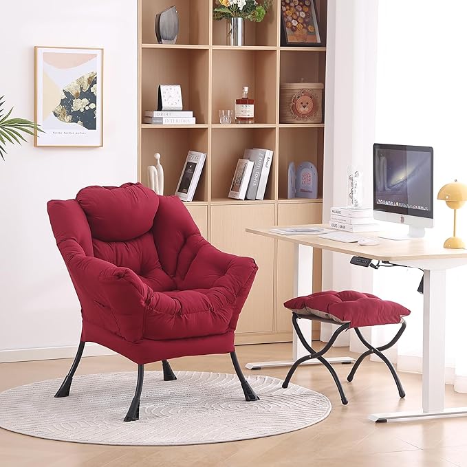 LITA Lazy Chair with Ottoman, Modern Accent Leisure Upholstered Sofa, Contemporary Lounge Reading Chair with Armrests and a Side Pocket for Living Room, Bedroom & Small Space, Burgundy
