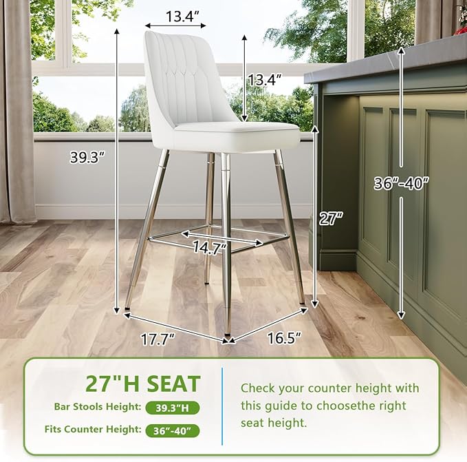 27" Bar Stools Set of 4 - White Counter Height Bar Stools Set of 4,Faux Leather Kitchen Island Stools with Sturdy Chrome Metal Leg,Counter Height Stools with Backs,Easy to Assemble