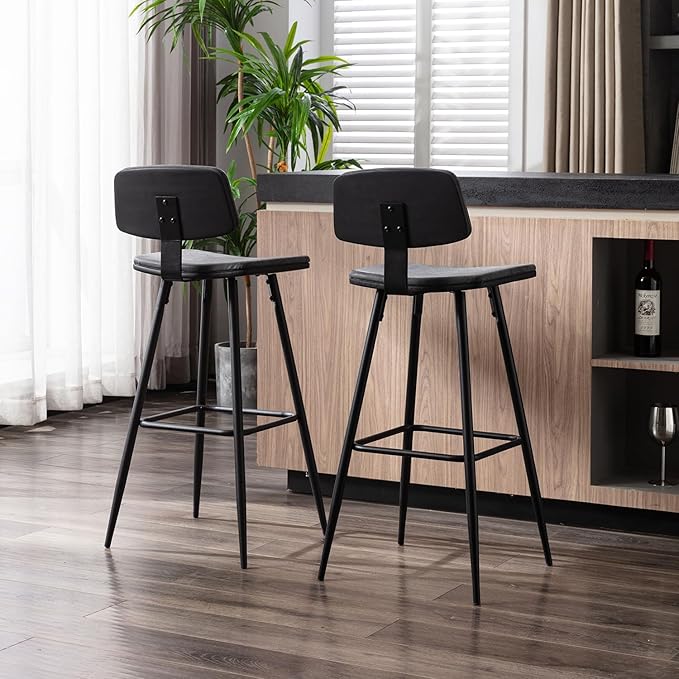 Bar Stools Set of 4, Bar Chairs w/PU Leather Seat and Backrest, Frosted Iron Frame, 29.33'' Seat Height Counter Stools, Simple Assembly, for Dining Room Kitchen Counter Bar, Black