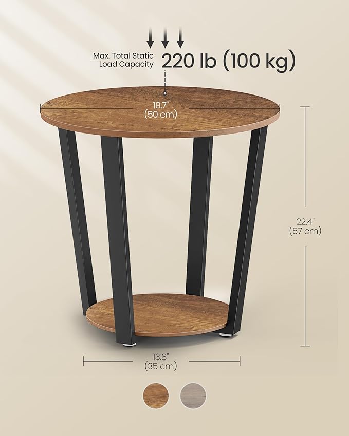 VASAGLE Round Side End Table, 2-Tier Accent Bedside Table with Storage Shelf, Easy Assembly, Nightstand for Small Spaces, Living Room, Bedroom, Honey Brown and Ink Black ULET057KB01S