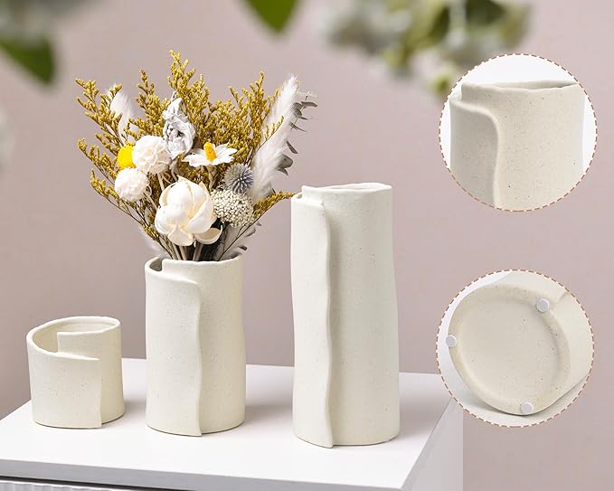 Pointnio White Ceramic Flower Vase Set of 3,Small Origami Flower Vases for Room Decor,Modern Boho Farmhouse Vase,Decorative Vases for Home Decor,Living Room, Kitchen, Bedroom, Bathroom