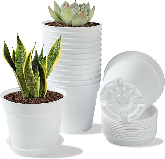 14 Pack 4 Inch Plant Pots, Small Plastic Flower Pots with Drainages and Saucers, Easy Plant Stackable & Reusable Nursery Decorative Garden Planters Pots for Home Indoor or Outdoor Plants, White
