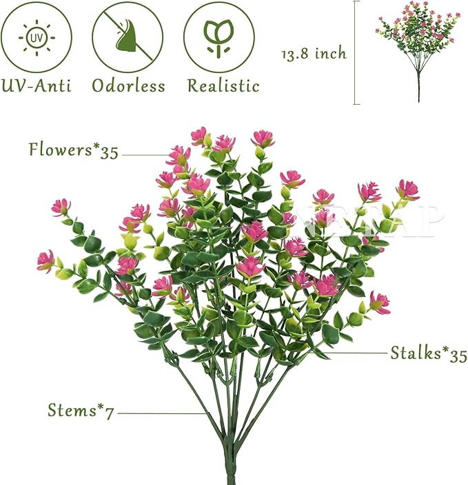 Outdoor Artificial Flowers UV Resistant, 20 Bundles Fake Realistic Floral Greenery Plants for Outside Porch, Window Boxes, Garden, Yard, Inside Home Table Decor, Pink