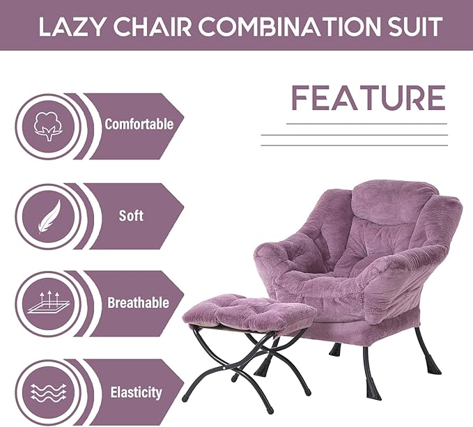 LITA Lazy Chair with Ottoman, Modern Accent Leisure Upholstered Sofa Chair, Lounge Reading Chair with Armrests and a Side Pocket for Living Room, Bedroom & Small Space