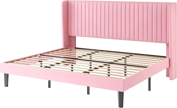 SHA CERLIN King Size Velvet Bed Frame with Vertical Channel Tufted Wingback Headboard, Upholstered Platform Bed with Wood Slats, No Box Spring Needed, Easy Assembly, Pink