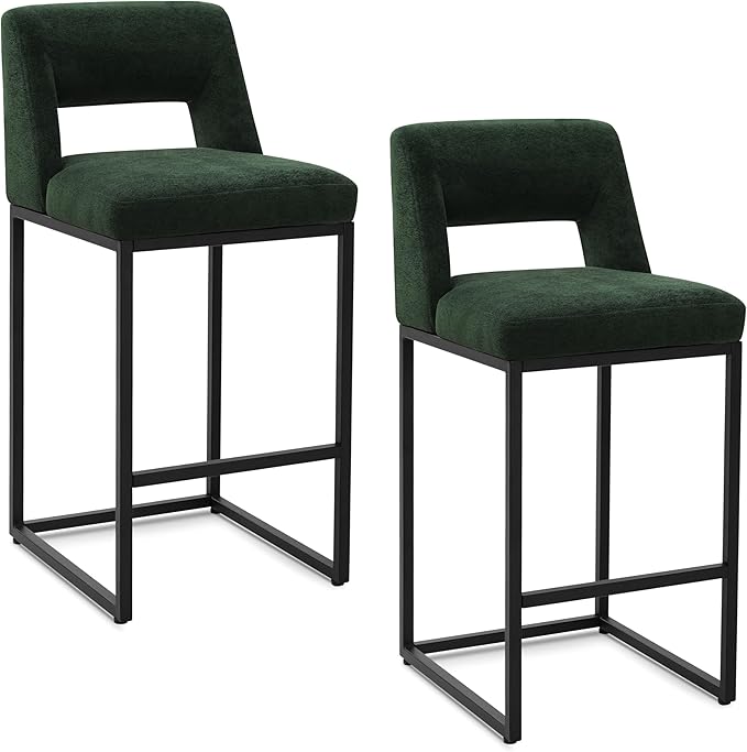 Counter Height Bar Stools Set of 2 for Kitchen Counter Modern Bar Chairs with Backs for Kitchen Island with Upholstered Fabric Seat and Metal Frame, Green, 26 Inch