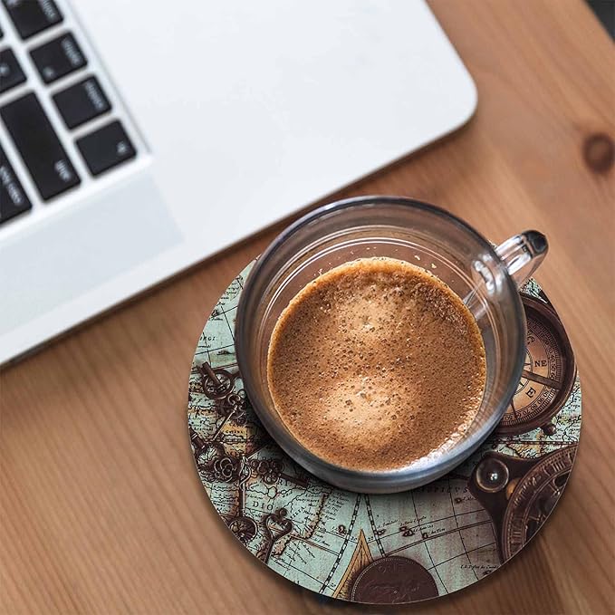 Antique Pirate Rare Items Cup Coasters for Table Retro Compass Vintage Skeleton Key World Map Adventure Reusable Drink Coasters Set 2 Pcs Coffee Home Farmhouse Living Room Bar Decor