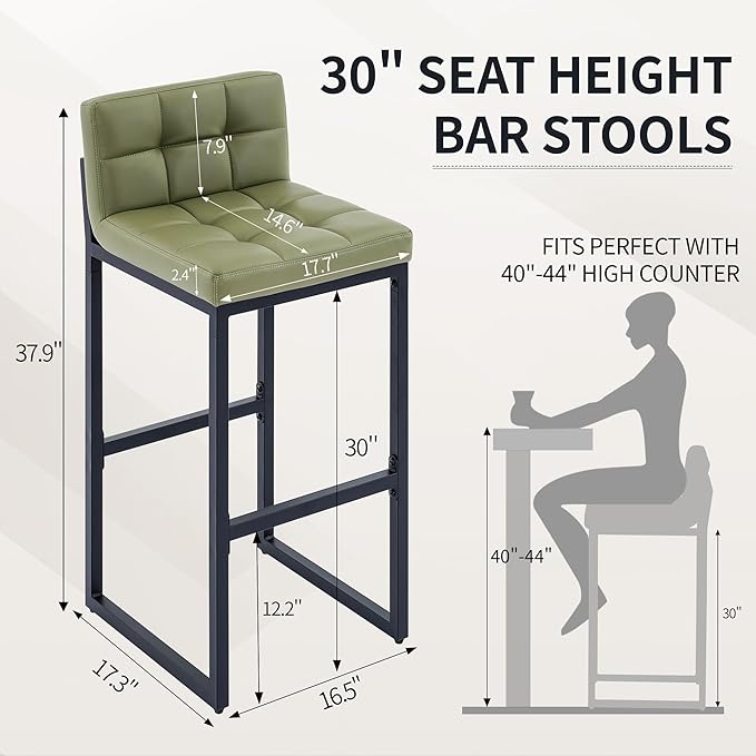 Set of 4 Bar Stools, Upholstered Bar Height Barstools with Low Back and Thickened Metal Frame, Modern Tall Bar Chairs for Kitchen Island, Bar, Counter (Avocado Green, 4Pcs 30" Bar Stools)