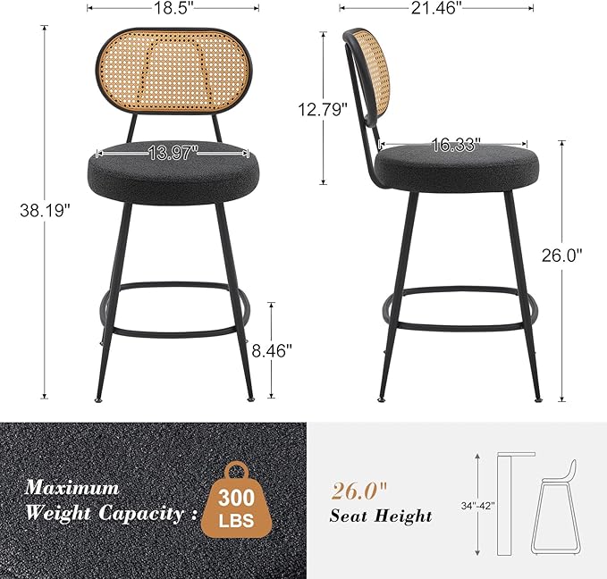 26" Rattan Barstools Set of 2, Counter Height Bar Chair with Black Metal Legs, Modern Armless Sherpa Pub Chair, Adjustable Feetpads Stools for Home Counter, Kitchen Dining Island, Cafe(Black)