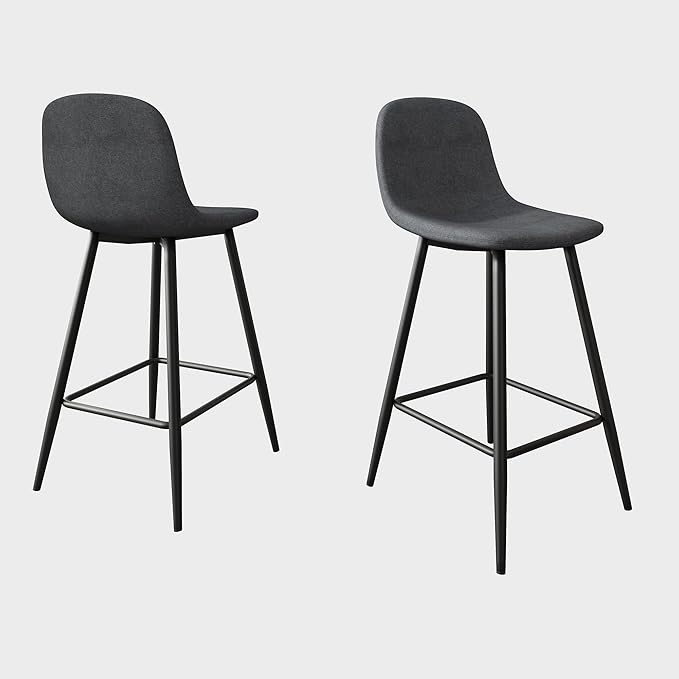 Modern Bar Stools Set of 2,Grey Techno-Fabric Counter Height Bar Stools,24.6" Bar Chairs with Back Metal Footrest,Modern Counter Stool with Back and Footrest for Kitchen Island Restaurants Pubs