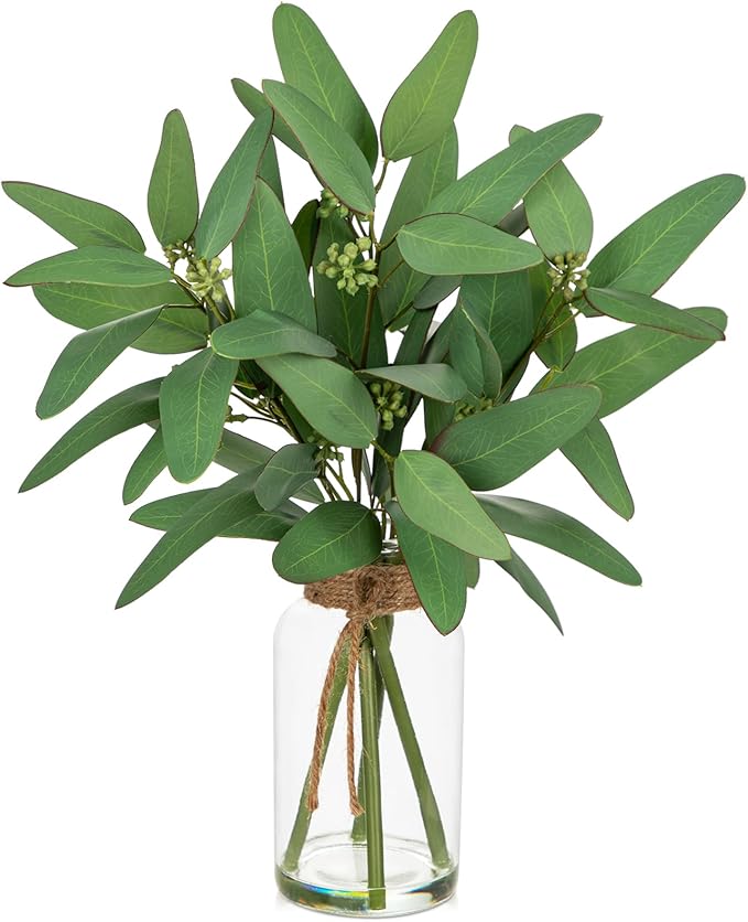 Briful Artificial Eucalyptus Stems in Clear Glass Vase with Faux Water, 14" Fake Plant Eucalyptus Leaves for Home Office Farmhouse Wedding Centerpiece Décor