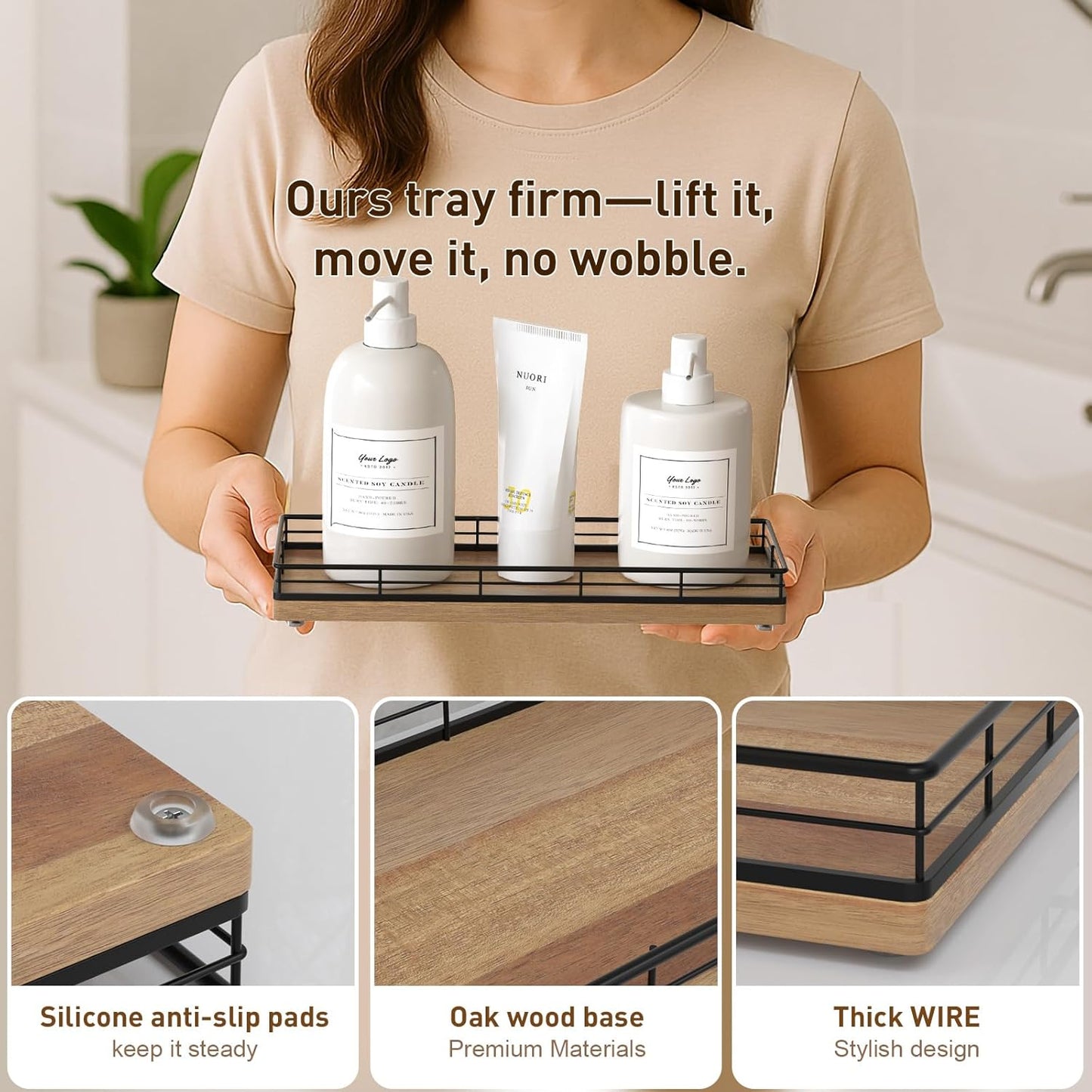 Bathroom Tray for Counter Top Organizer – Acacia Wood Vanity Tray with Metal Frame for Dresser, Kitchen, Nightstand – Black & Acacia Decorative Storage