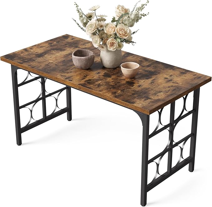 LITTLE TREE Farmhouse Dining Table for 4-6, 54.7-Inch Wooden Rectangle Kitchen Dining Room Table, Industrial Rustic Dinner Desk for Kitchen, Living Room, Home, Brown