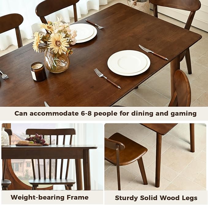 DELAVIN 59" Large Solid Wood Dining Table for 4-6 People, Mid Century Modern Oak Dining Room Table, Farmhouse Rectangular Kitchen Table for Dining Room, Living Room, Easy Assembly, Walnut