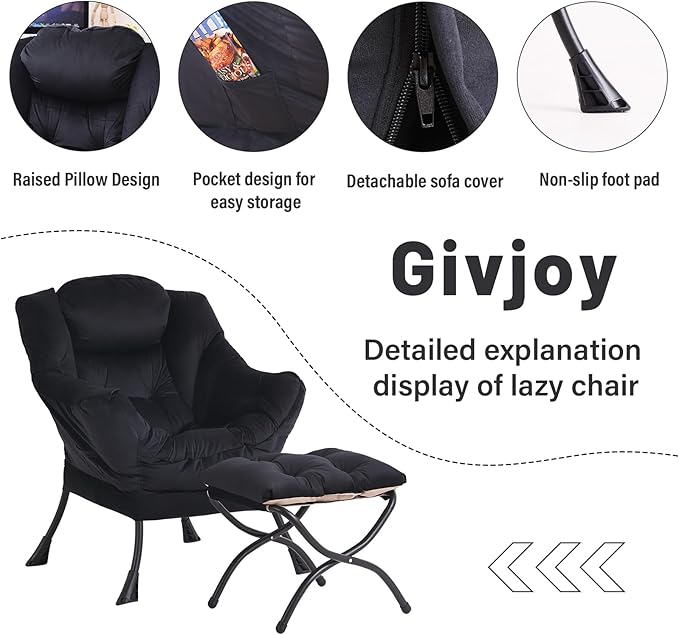 Lazy Chair and Ottoman, Large Accent Lounge Chair with Armrests and a Side Pocket, Modern Leisure Upholstered Sofa Reading Armchair with Footrest for Bedroom, Living Room, Dorm Rooms, Office