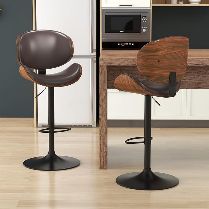 KCC Bar Stools Set of 6, Swivel Adjustable Height Barstools, PU Leather Upholstered Bar Chairs with Footrest, Bentwood Bar Stool for Kitchen, Bar, Dining Room(Brown PU)