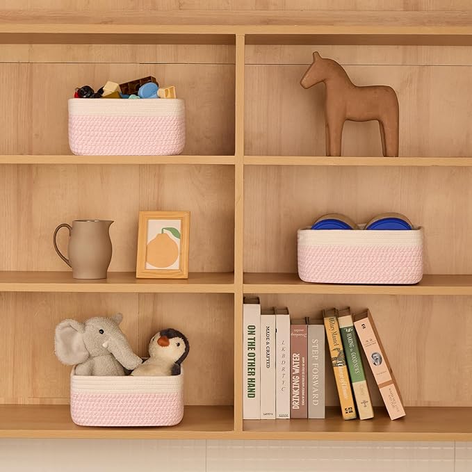 Small Square Shallow Baskets for Organizing, 9.7x9.7x4.3 Inch Rope Woven Storage Bins for Cubes Closet, Shelves Storage, Boho Decorative Basket, 2 Packs Off White Pink