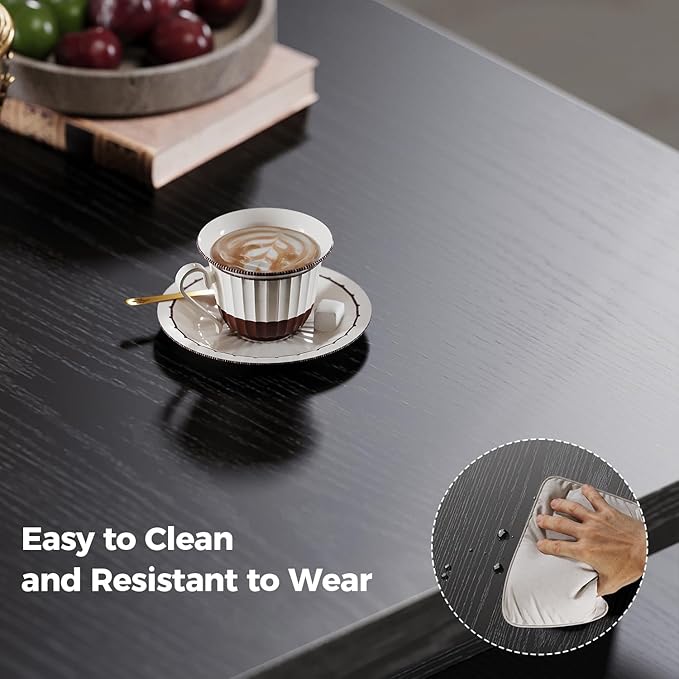 IRONCK Coffee Table with LED Light and Charging Station, 4 Storage Drawers with Grille Design, Square Coffee Table for Living Room Office Reception Room (Black)