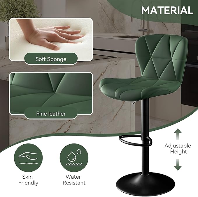 Bar Stools Set of 3,Adjustable Swivel Barstools, Faux Leather Bar Chairs,Upholstered Counter Height with High Backrest for Kitchen Island, Green