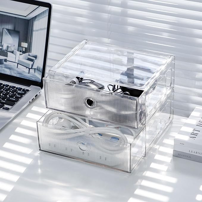 Clear Desk Organizers and Accessories, Plastic Drawer Storage Bins for Home Office Supplies, Marker Pen, Art Crafts, Makeup, Stackable Container for Bathroom, Cabinet, Pantry, 2 Drawers
