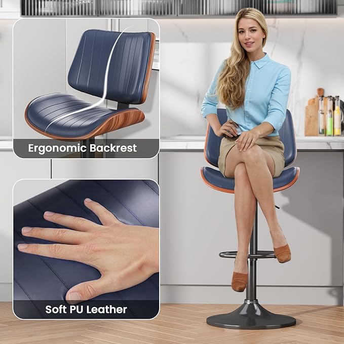 Swivel Bar Stools Set of 2, Adjustable Bentwood Barstools for Kitchen Counter, Modern PU Leather Upholstered Bar Chair with Back and Footrest, for Kitchen Island, Bar, Dining Room, Navy