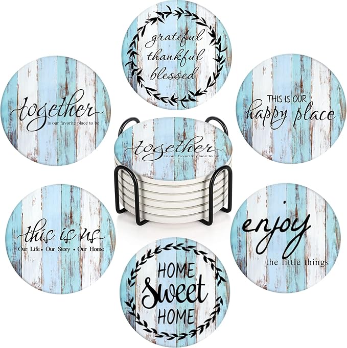 Britimes Coaster for Drinks Set of 6, Old Vintage Blue White Wooden Table Absorbent Round Ceramic Stone Mat, with Cork Base and Metal Holder, Gift for Housewarming Room Bar Decor