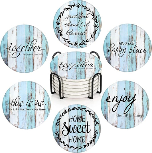 Britimes Coaster for Drinks Set of 6, Old Vintage Blue White Wooden Table Absorbent Round Ceramic Stone Mat, with Cork Base and Metal Holder, Gift for Housewarming Room Bar Decor