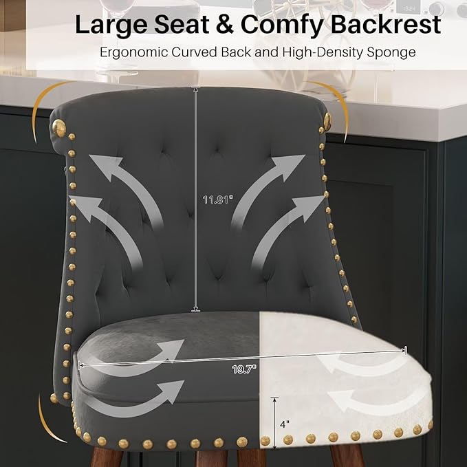 24" Counter Height Bar Stools Set of 4, Swivel Counter Stools with Back, Upholstered Velvet Stools for Kitchen Counter with Wood Legs, Fabric in Gray