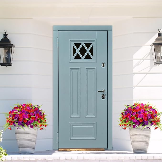 Artificial Flowers Outdoors 12 Bundles Artificial Petunias Fake Flowers UV Resistant Shrubs Plants with Fern for Indoor Outside Hanging Planters Home Garden Summer Decorations