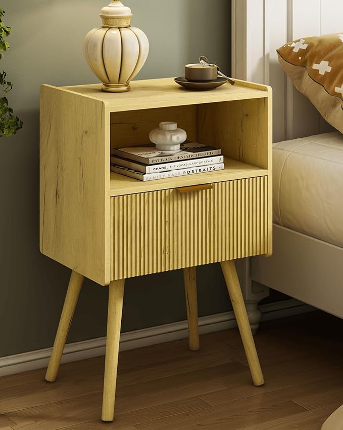Nightstand,Modern Bedside Table with Storage Drawer and Open Wood Shelf, for Living Room, Bedroom and Small Spaces, Accent Night Stand with Solid Wood Legs, Easy Assembly,Vintage Yellow Oak