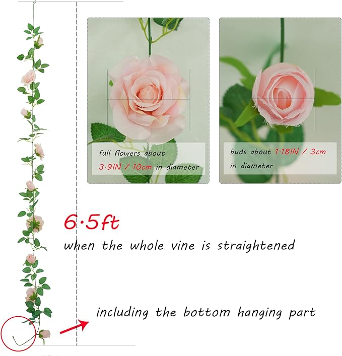 Felice Arts 2 Pack Pink Artificial Rose Garland Each 6.5FT Fake Rose Vine Hanging Floral Garland for Wedding Swing Table Centerpiece Arrangement Decor