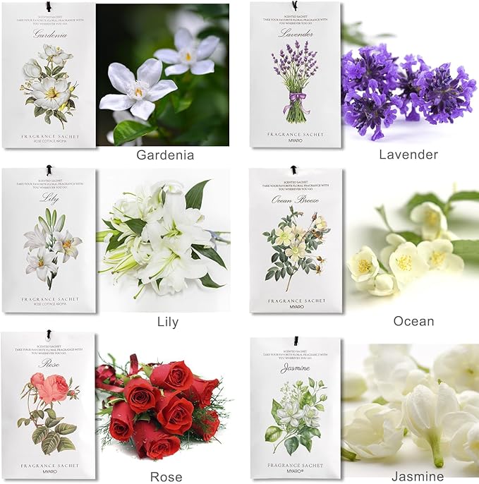 MYARO 12 Packs Scented Sachets for Drawer and Closet, Long-Lasting Sachets Bags Home Fragrance 6 Scents Option- Lavender, Rose, Jasmine, Ocean, Gardenia, Lily