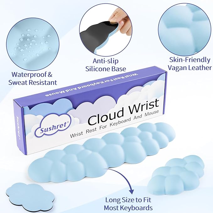 Cloud Wrist Rest Keyboard, Cloud Keyboard Wrist Pad Set with PU Leather Memory Foam, Cute Arm Rest for Palm Support, PC/Gaming Desk Accessories/Office Setup/Computer Hand Cushion - Blue