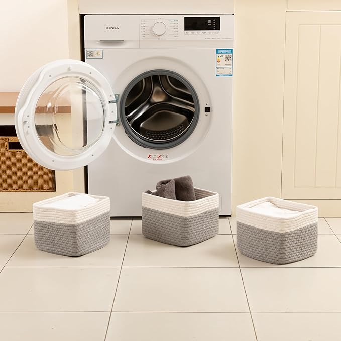 OIAHOMY 9”x9”x7” Storage Cubes, Cotton Rope Woven Baskets for Organizing, Cube Storage Bin, Small Gift Basket for Shelf, 3-Pack, Grey&White