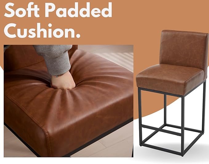 VESCASA Faux Leather 27 inches Counter Height Bar Stools with Padded Back, Modern Upholstered Counter Stool Chairs with Black Metal Frame for Kitchen Island, Set of 4, Brown